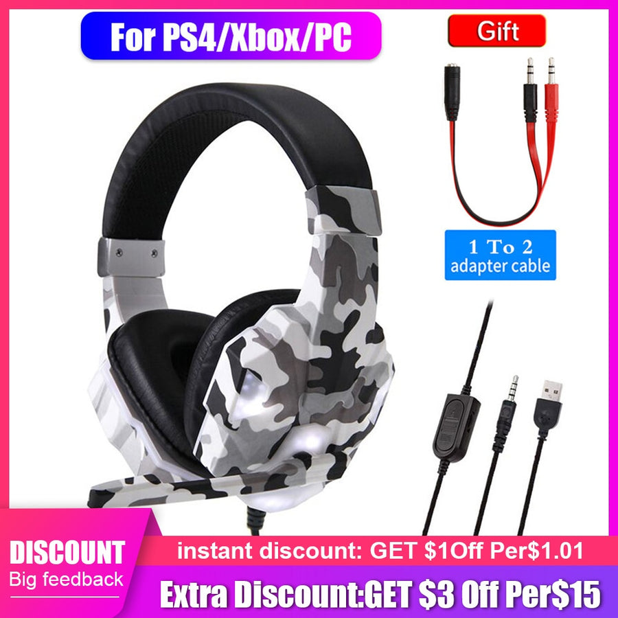 Professional Camouflage Gamer Headset LED for Computer Gamer Stereo Head-mounted Headphone Computer Earphones for PS4 Ps3 Xbox
