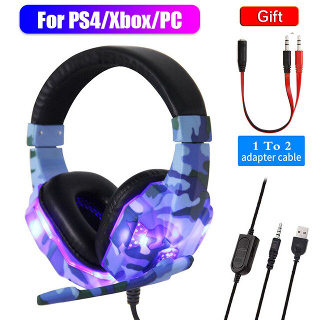 Professional Camouflage Gamer Headset LED for Computer Gamer Stereo Head-mounted Headphone Computer Earphones for PS4 Ps3 Xbox