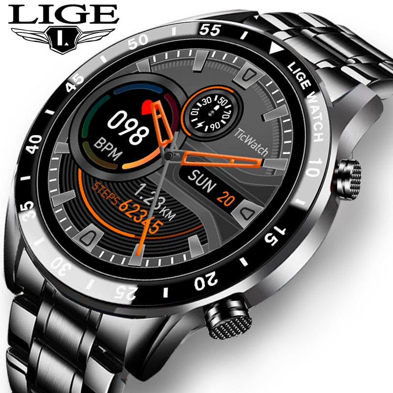 LIGE 2020 New Luxury brand mens watches Steel band Fitness watch Heart rate blood pressure Activity tracker Smart Watch For Men