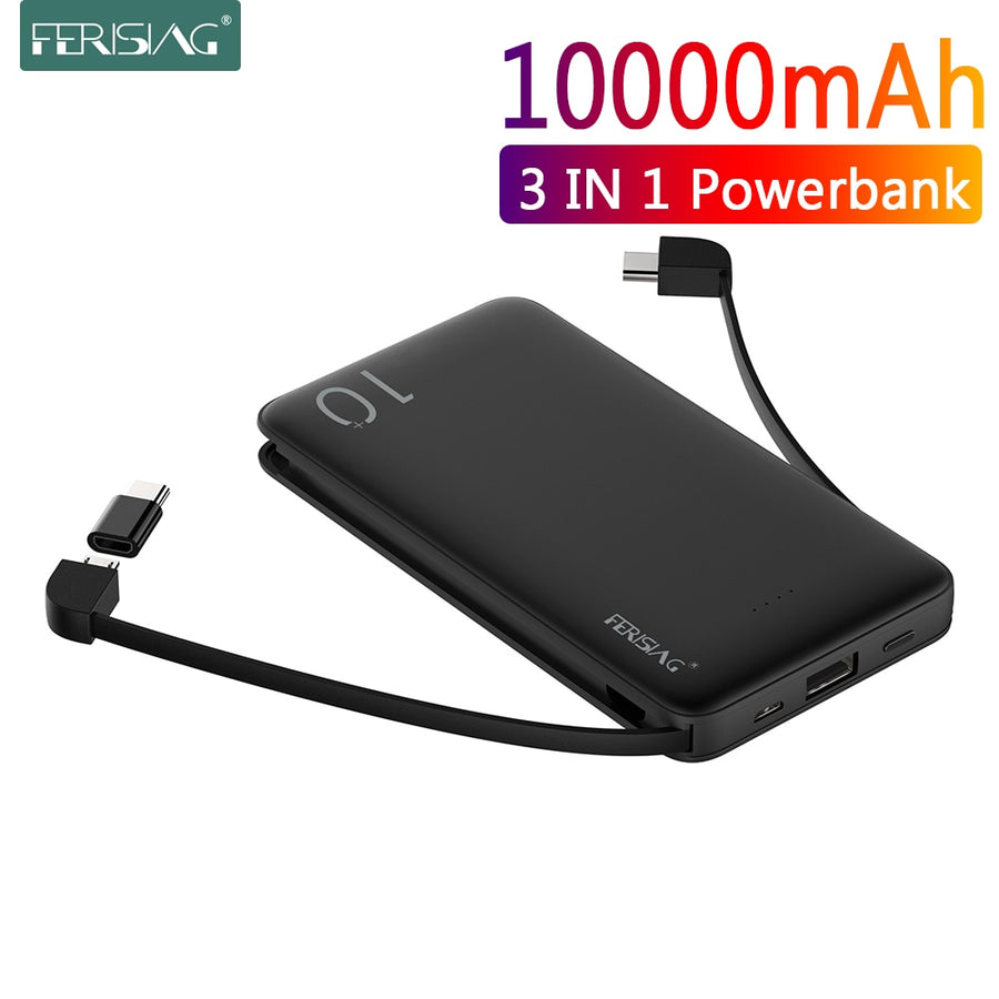 FERISING With Cable Power Bank 10000mAh USB Portable Charger PowerBank External Battery Charging Pack For iPhone Samsung Xiaomi