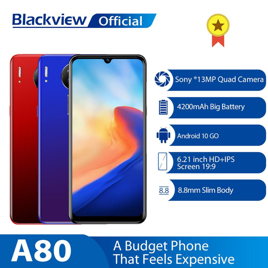 Blackview A80 Quad Rear Camera Android 10.0 Go Mobile Phone 6.21' Waterdrop HD Screen 2GB+16GB Cellphone 4200mAh 4G Smartphone