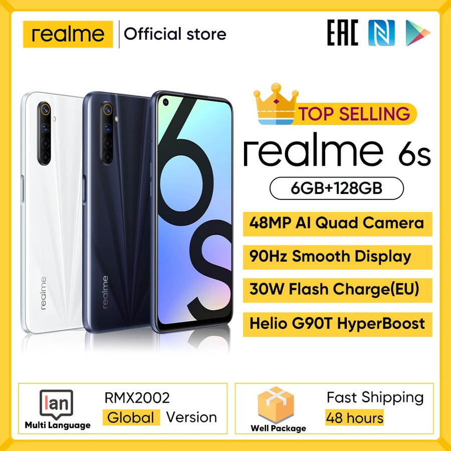 realme 6s NFC Global smartphone 90Hz 6.5'' Display 6GB 128GB mobile phone 48MP 4300mAh 30W changer Telephone Android Phones